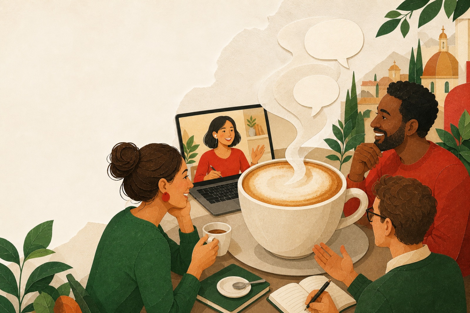 Adult learners sharing an online Italian lesson around a cappuccino