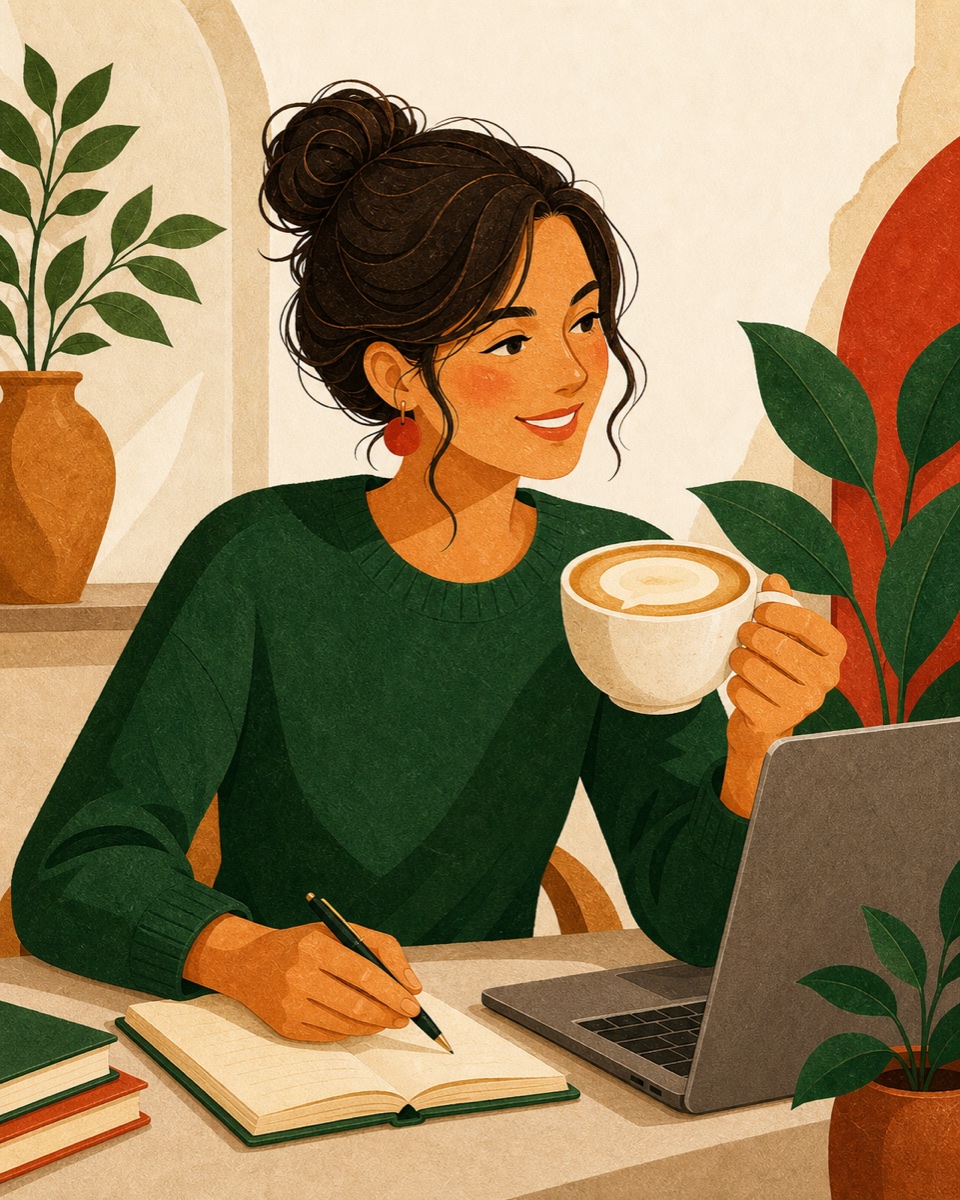 Editorial illustration of an Italian tutor with a cappuccino